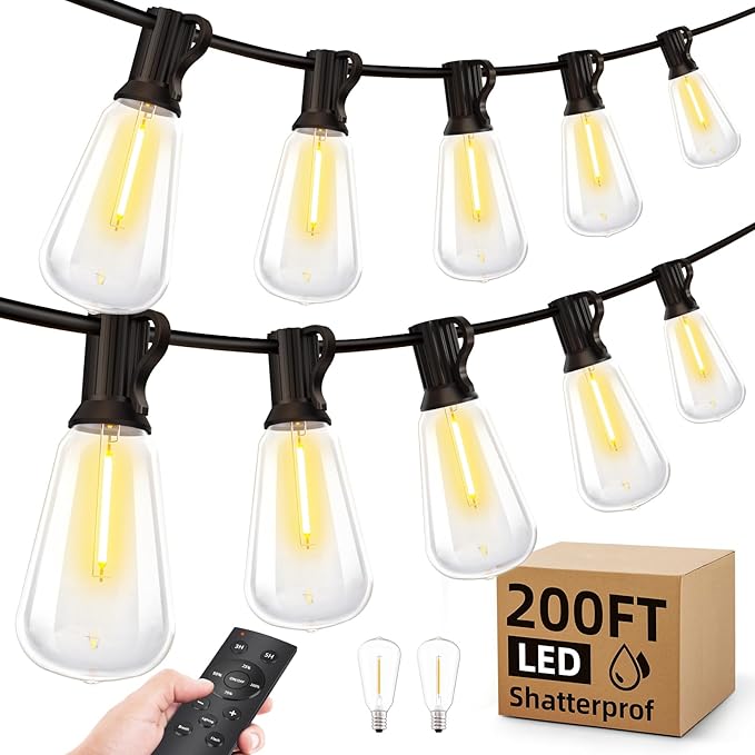 Outdoor String Led Patio Lights - 200Ft 60M Outside Waterproof Light With Remote Dimmable ST38 Shatterproof Bulb Connectable Hanging Outdoor Electric Lighting For Backyard Yard Gazebo Porch Party