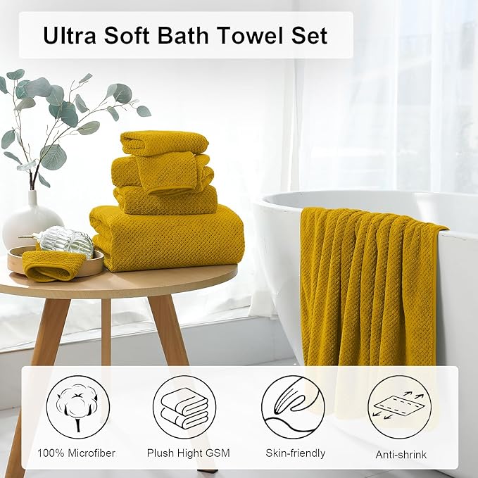 8 Piece Large Yellow Family Bath Towel Set-2 Oversized Bath Towel Sheets,2 Hand Towels,4 Washcloths-600GSM Soft Highly Absorbent Quick Dry Beach Chair Towels Woven Towels for Bathroom Hotel and Spa