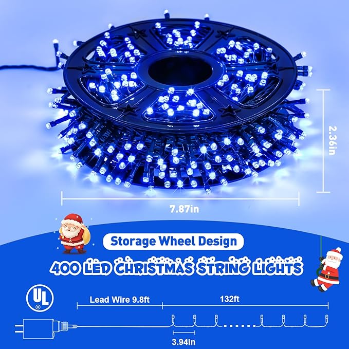 JMEXSUSS Blue 400 LED Christmas Lights Outdoor, 132ft Christmas Tree Lights with Remote, Indoor Blue String Lights Plug in for House Christmas Bush Decorations
