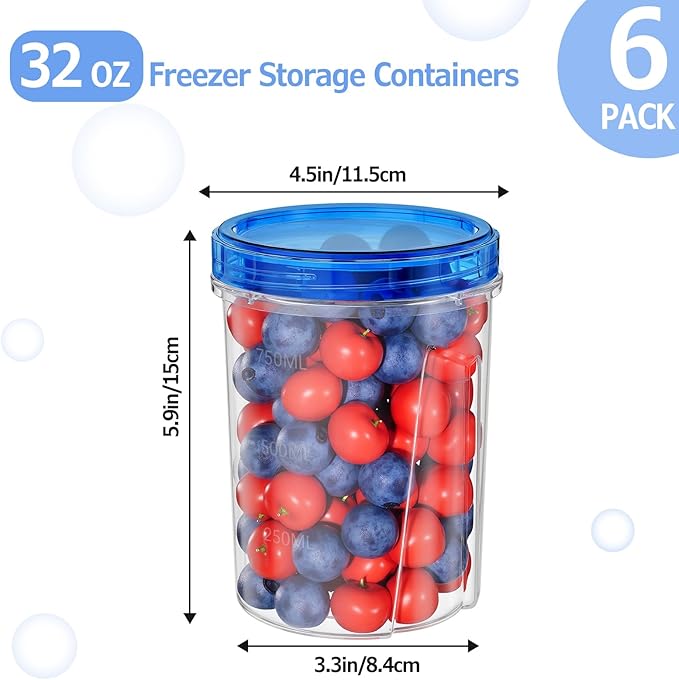 Freezer Storage Containers, Food Storage Containers with Leakproof Twist Top Lids, Stackable Plastic Containers with Lids, Reusable Soup Containers for Meal Prep, Lunch, Leftovers [6 Pack-32 OZ]
