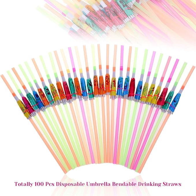Paxcoo 100pcs Umbrella Straws - Hawaiian Luau Party Straws for Drinks Decorations (Assorted Colors)