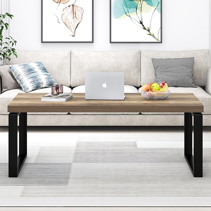 EXCEFUR Coffee Table, Modern Wood and Metal Living Room Table, Industrial Rectangle Center Table for Home Office, Rustic Oak, 47 Inch