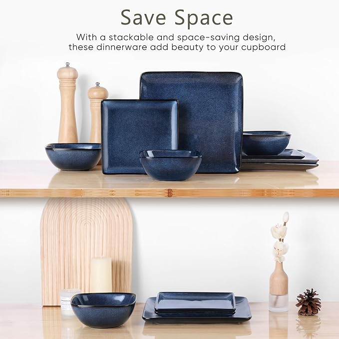 Herogo 12 Pieces Square Stoneware Dinnerware Set, Service for 4, Dinner Plates and Bowls Sets, Double Reactive Glaze Dishes Set for Kitchen, Scratch Resistant, Dishwasher Safe, Starry Blue