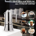 Stovetop Espresso Maker, 4Cup 6.8 oz Moka Pot, Stainless Steel Cuban and Italian Coffee Maker for Cafetera Cubana, Greca De Cafe Induction Stovetop Compatible, Coffee Gift for Home Travel