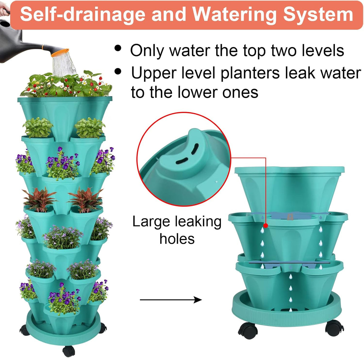 Vertical Planter, 7 Tier Stackable Strawberry Planter with Garden Tool Set, Movable Indoor/Outdoor Garden Herb Pot for Growing Vegetables and Succulents, Teal