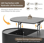 WILLIAMSPACE 47.2" Oval Lift Top Coffee Table with 360-degree Marble-Patterned Rotating Tray, Modern Wooden Center Table Side End Table Lift Tabletop with Hidden Compartment for Living Room, Black