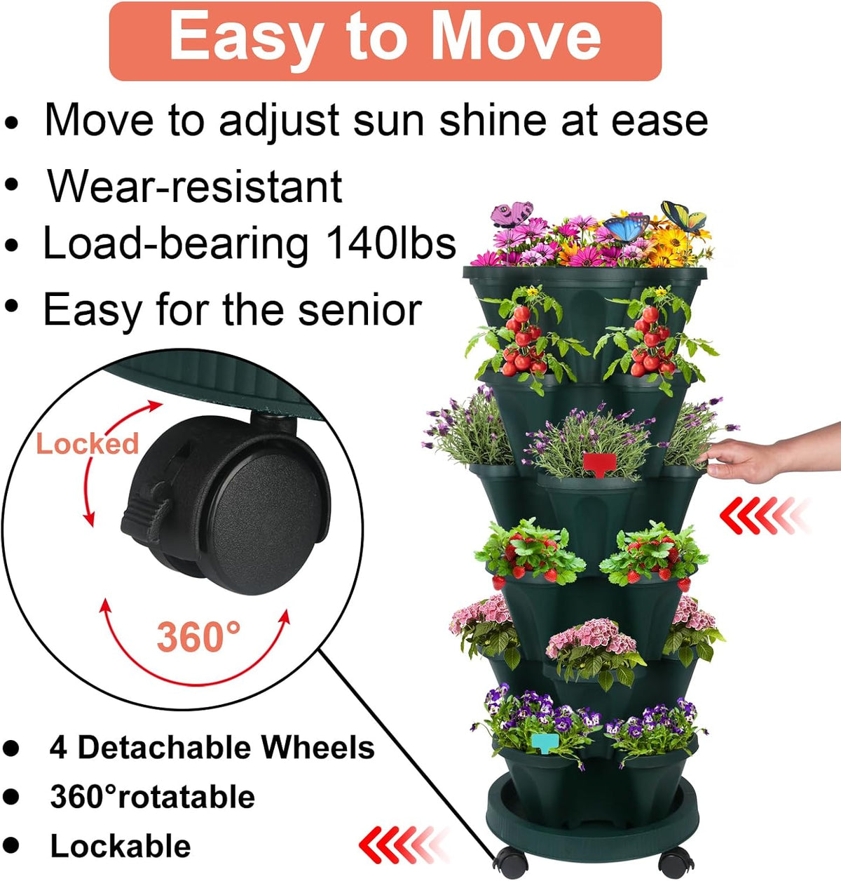 Vertical Planter, 6 Tier Stackable Strawberry Planter with Garden Tool Set, Movable Indoor/Outdoor Garden Herb Pot for Growing Vegetables and Succulents, Green