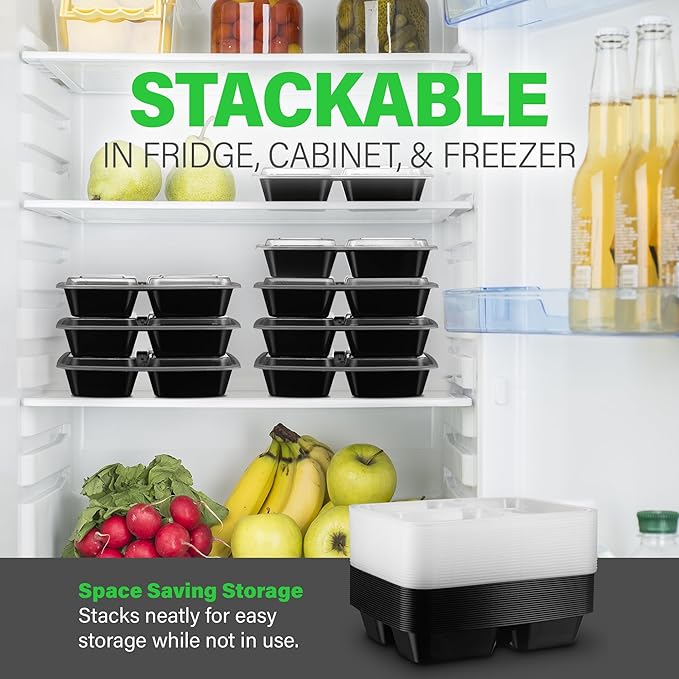 Ez Prepa [20 Pack] 32oz 3 Compartment Meal Prep Containers with Lids - Bento Box - Plastic - Stackable, Reusable, Microwaveable & Dishwasher Safe