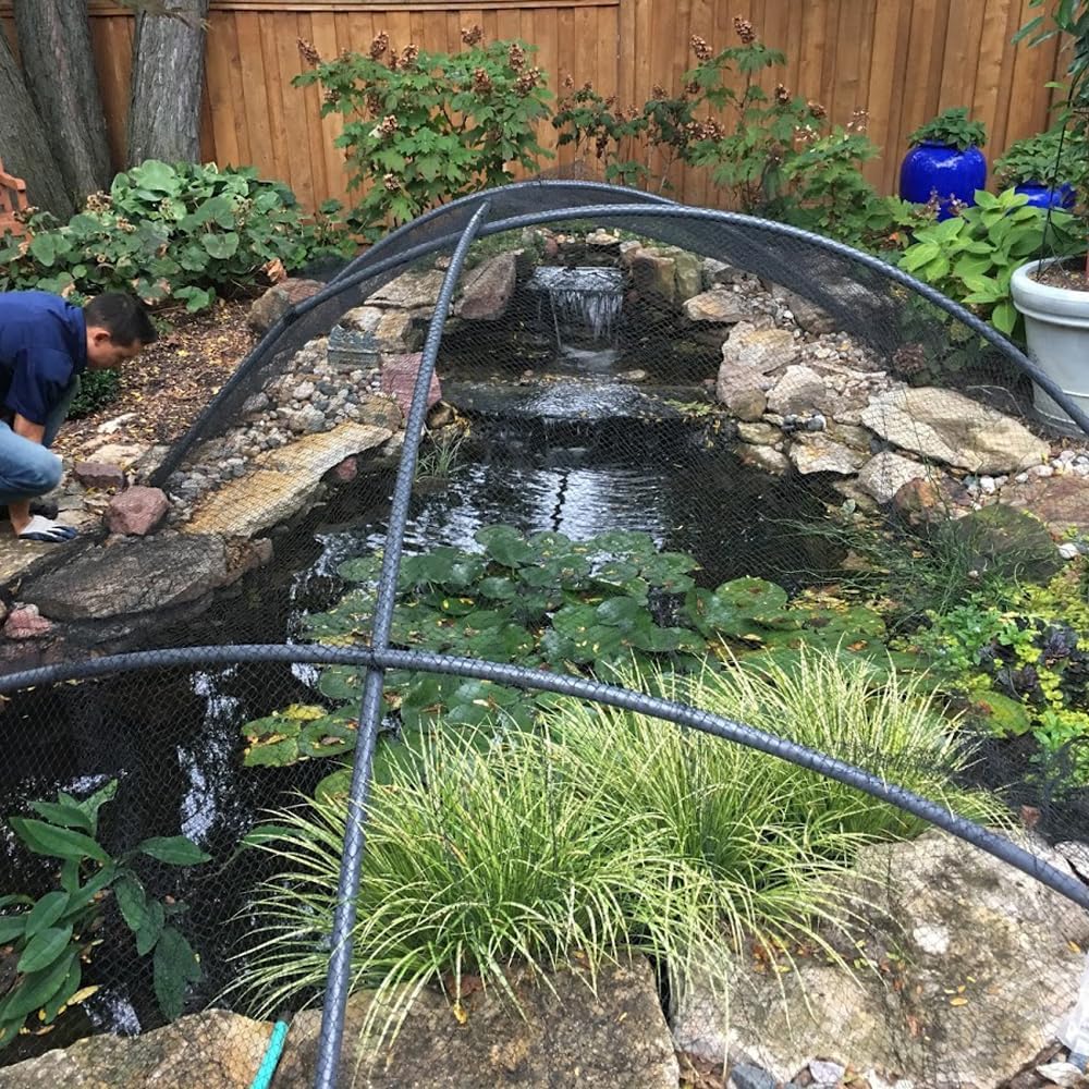 Koi Pond Netting for Leaves 50x50 Ft, 1 in Strong Woven Pond Leaf Net Cover, Protecting Koi Fish from Herons, Raccoons, Birds, Cats & Predators, 28 Pcs Stakes Included