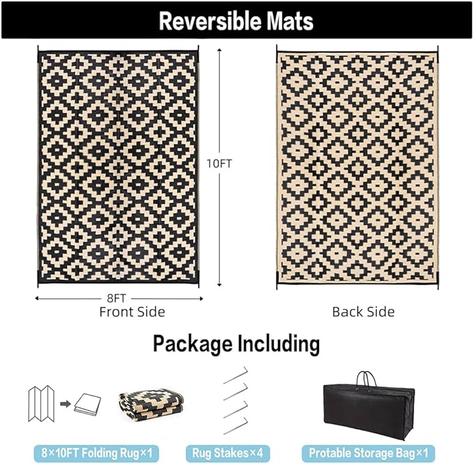 Outdoor Plastic Straw Rug, Waterproof Mat, Washable Large Floor Mat and Rug for Outdoors, RV, Beach, Patio, Camping, Backyard, Deck, Picnic, Indoor Outside (8x10ft,Geometry/Black&Beige)