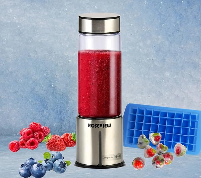 Portable Smoothie blender ROSEVIEW Glass bottle USB rechargeable mini Handheld Ice Shakes Cup 2 speed blend juicer Cordless Personal smoothies maker Fruit mixer (Stainless)