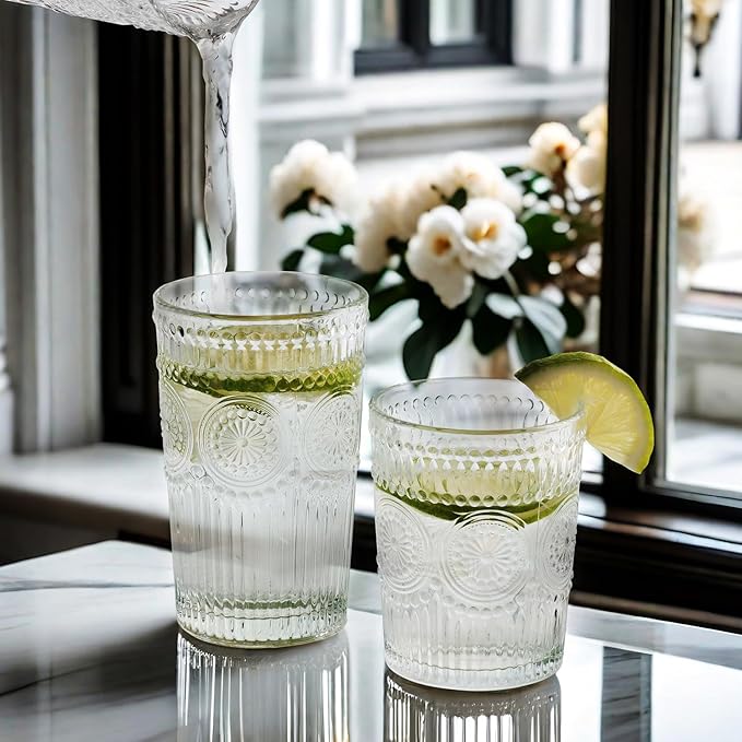 12pcs Vintage Drinking Glasses Set, 12 oz Highball Glasses & 9 oz Embossed Ribbed Glassware Cups for Cocktail, Water, Juice, Coffee, Whiskey (Clear)