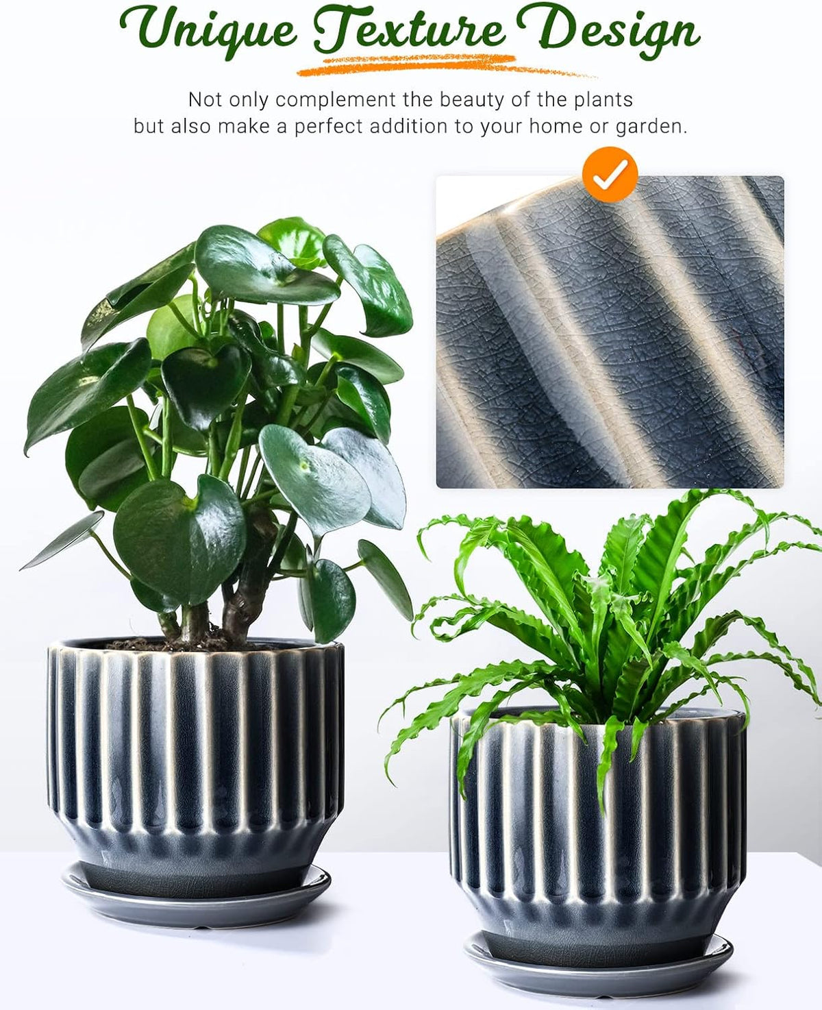 AISBUGUR Plant Pots 6 inch Ceramic Pots for Indoor Plants Set of 2 Flower Pots Unique Crackle Glaze Design Plant Pots with Drainage Hole and Saucer Come with Drainage Nets (Grey)