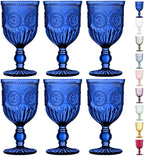 Yungala Cobalt Blue Wine Glasses Set of 6 Blue Goblets - Handcrafted Vintage Glassware with Sunflower Motif, Dishwasher Safe Cobalt Blue Glassware