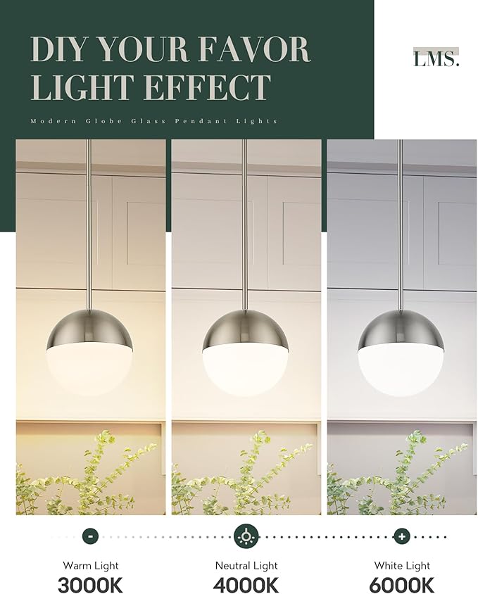 LMS 2 Pack Modern Pendant Lights, Mid Century Brushed Nickel Kitchen Lighting with White Globe Glass Shade, Adjustable Hanging Light Fixtures Ceiling Light for Home Office Dining Room, LMS-186BN2PK