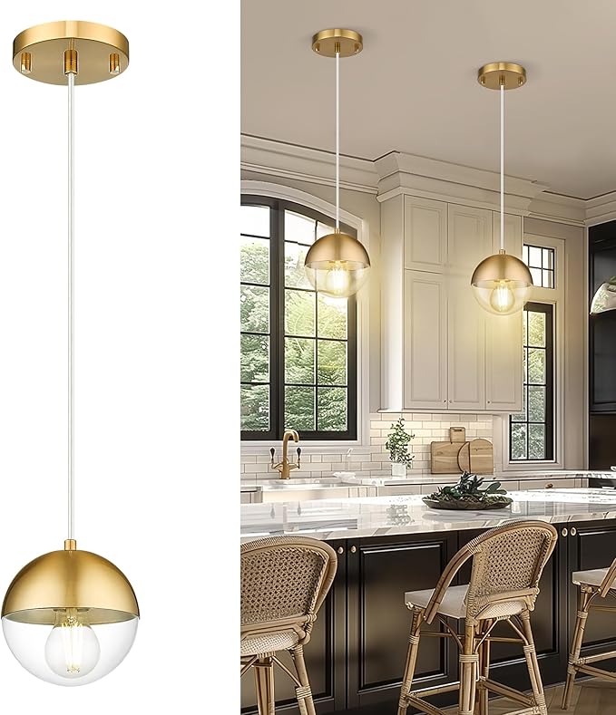 LMS 6-inch Modern Pendant Light, Brushed Gold Industrial Kitchen Island Pendant Light with Clear Globe Glass, Adjustable Hanging Pendant Light Fixtures for Dining Room Living Room, LMS-186BGCS