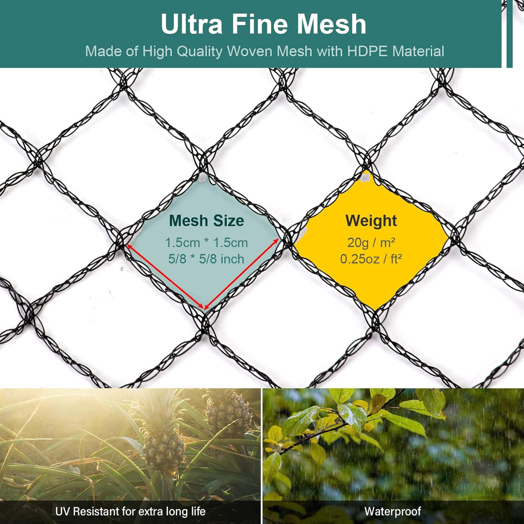 Bird Netting for Garden - 6.5 x 32.8 FT Heavy Duty Anti Bird Netting Mesh with Ties and Landscape Staples for Vegetable, Fruit Trees & Other Plants, Lasting Against Birds Deer Squirrels and Poultry