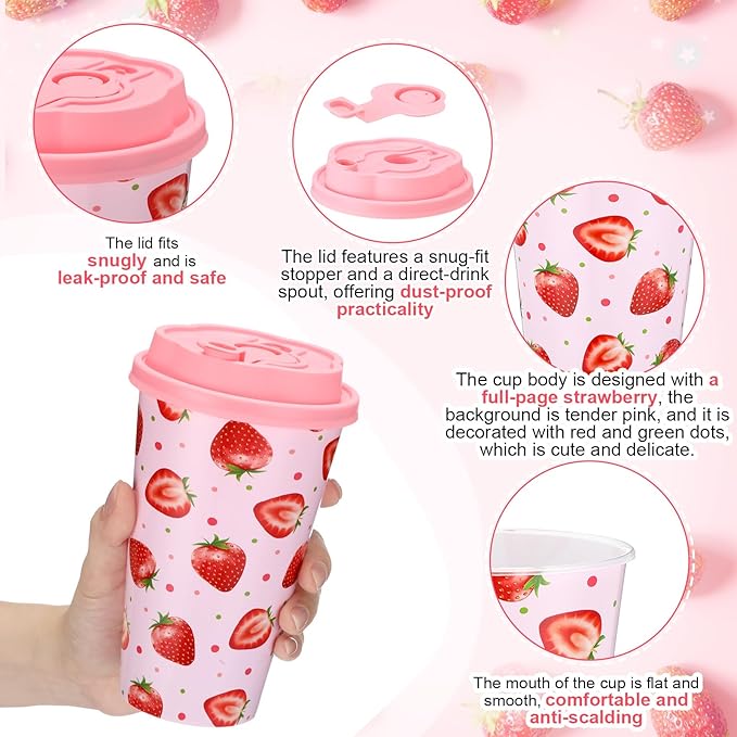 Yungyan 36 Sets Strawberry Party Favors Goodie Cups with Lids and Straws for Birthday Decorations Reusable 16oz Plastic Candy Cups Plastic Straws for Birthday Party (Strawberry)