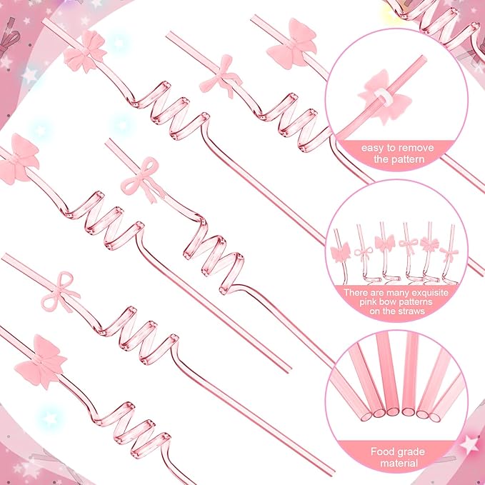 Yungyan 36 Sets Pink Bow Party Favors Goodie Cups with Lids and Straws for Birthday Coquette Party Decorations Reusable 16oz Plastic Candy Cups Plastic Straws for Christmas Decor(Pink Bow)