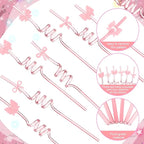 Yungyan 36 Sets Pink Bow Party Favors Goodie Cups with Lids and Straws for Birthday Coquette Party Decorations Reusable 16oz Plastic Candy Cups Plastic Straws for Christmas Decor(Pink Bow)