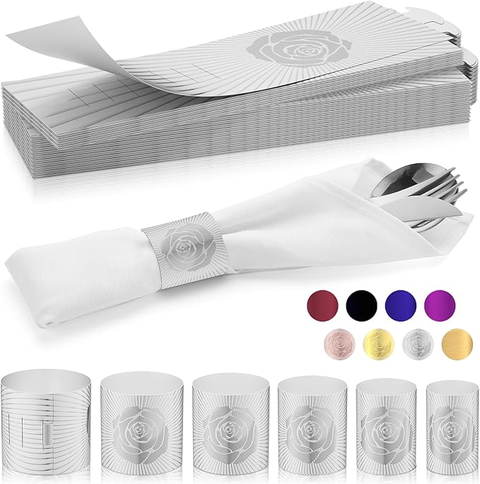 Polymer Material Reusable Napkin Band, Glue-Free Tear-Proof Water Resistant Oil-Proof Napkin Bands Set of 100(Front Silver Rose and Back Silver Color), 6 Adjustable Sizes Napkin Rings