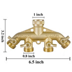 Hourleey Brass Garden Hose Splitter (4 Way), Solid Brass Hose Connector 3/4", Hose Spigot Adapter 4 Valves with 4 Extra Rubber Washers