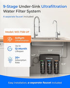 Waterdrop TSB-UF 0.01 μm Ultra Filtration Under Sink Water Filter System, 9 Layer Under Sink Water Filtration System, Reduces Chlorine, Fluoride, Taste and Odor, with A Separate Faucet, Quick Change