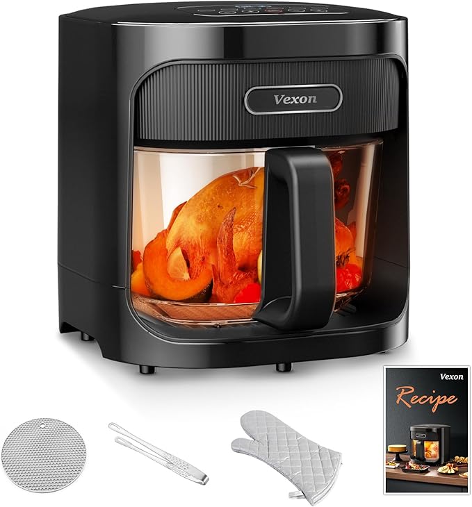 Vexon 4.5L Glass Air Fryer ，Clear Viewing Window ，Easy-to-Clean Basket ，Multiple Cooking Modes ，User-Friendly Digital Controls (Black)