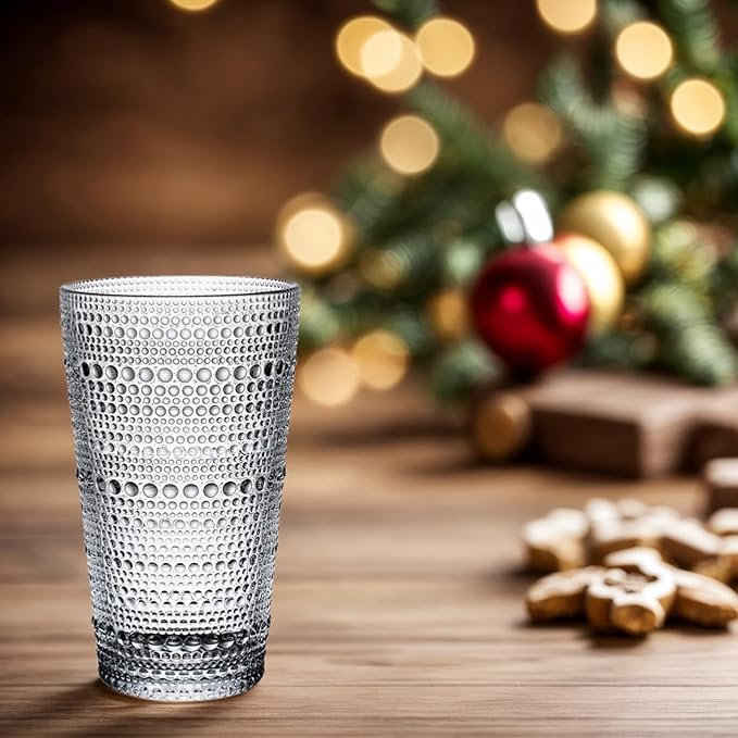 16oz Hobnail Highball Glasses[Set of 4] - Tall Water Glass Cup Glassware Set Fits New Home of Newlyweds, Dishwasher Safe, Stackable Design