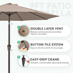 JEAREY 9FT Outdoor Patio Umbrella Outdoor Table Umbrella with Push Button Tilt and Crank, Market Umbrella 8 Sturdy Ribs UV Protection Waterproof for Pool, Garden (Tan)