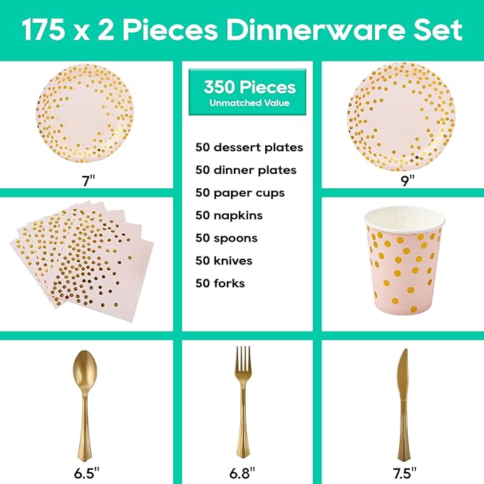 Pink and Gold Party Supplies - 350 PCS Disposable Dinnerware Set - Pink Paper Plates Napkins Cups, Gold Plastic Forks Knives Spoon for Graduation, Birthday, Cocktail Party