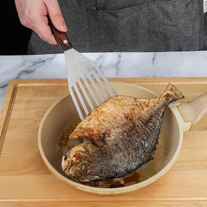 MSY BIGSUNNY Heavy Duty Fish Turner, Stainless Steel Slotted Turner with Pakkawood Handle, 4X13 Inches