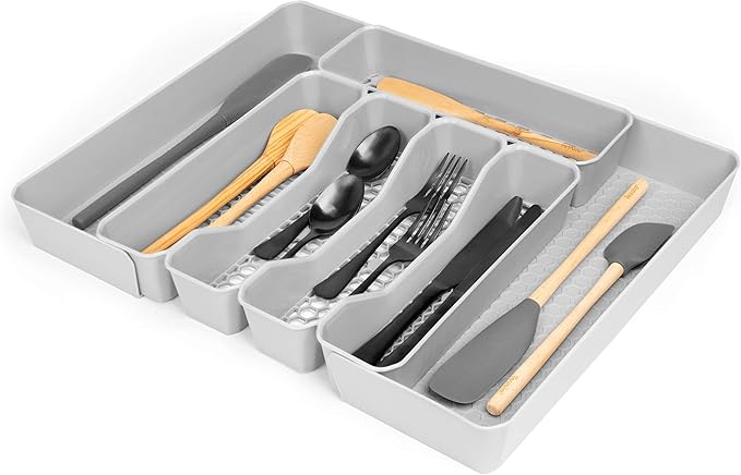 Spectrum HEXA 5-Divider Expandable Silverware Tray (Stone Gray) - In-Drawer Organizer for Kitchen Accessories, Cutlery, Knives, & More / Easy-to-Clean Home & Apartment Essential