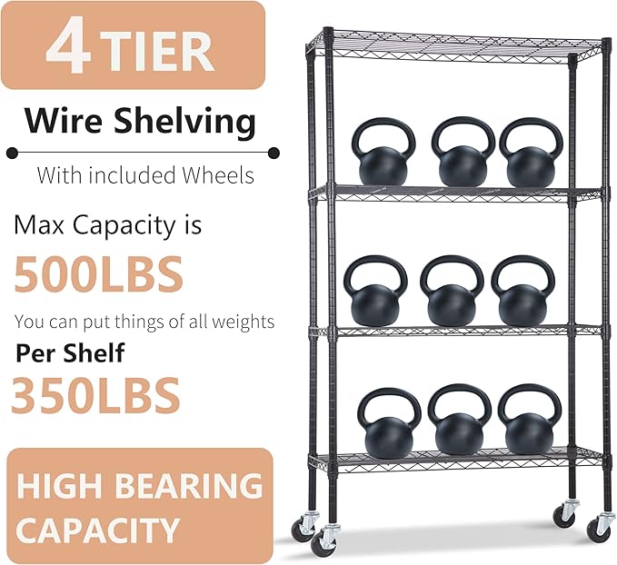 4-Tier Adjustable NSF-Certified Metal Shelf 36L x 14W x 62H Wire Shelving Unit Storage with Wheel for Small Places Restaurant Garage Pantry Kitchen Garage Rack,Black