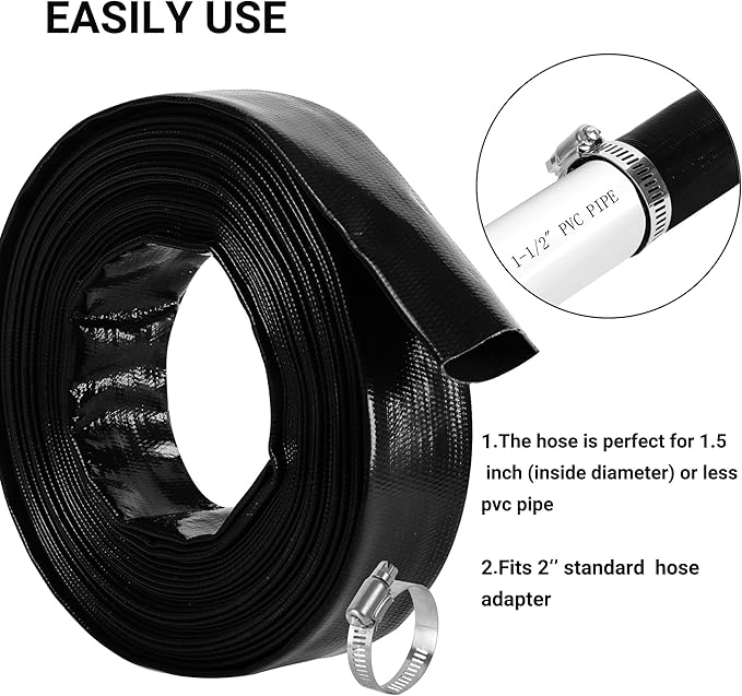 2" x 25 FT Pool Backwash Hose, Black Heavy Duty Reinforced PVC Lay Flat Water Discharge Hose for Swimming Pool Filter Pump,with 2 Clamp