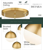 LMS Brushed Gold 3-Light Cluster Pendant Lights, Modern Kitchen Island Lighting with White Globe Glass Shade, Adjustable Hanging Cord Ceiling Light for Bathroom Bedroom Dining Room, LMS-186BG3