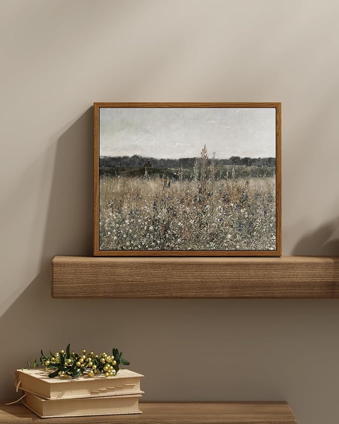 InSimSea Framed Canvas Wall Art Vintage Decor, Wildflower Field Canvas Wall Art Paintings Prints, Rustic Landscape Wall Decor for Bathroom Office, Office Dining Room Decor, 11"x14"