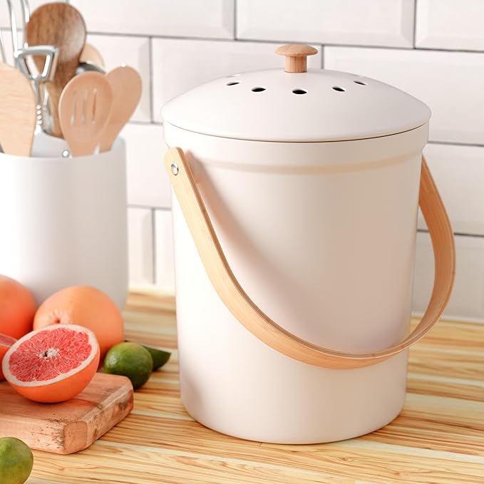 Beautiful Kitchen Compost Bin with Smell Proof Lid - Rust Proof and Odorless Compost Bucket for Your Countertop with No Smell Filters - Easy to Clean 1.1 Gallon Bin Looks Great On Any Kitchen Counter
