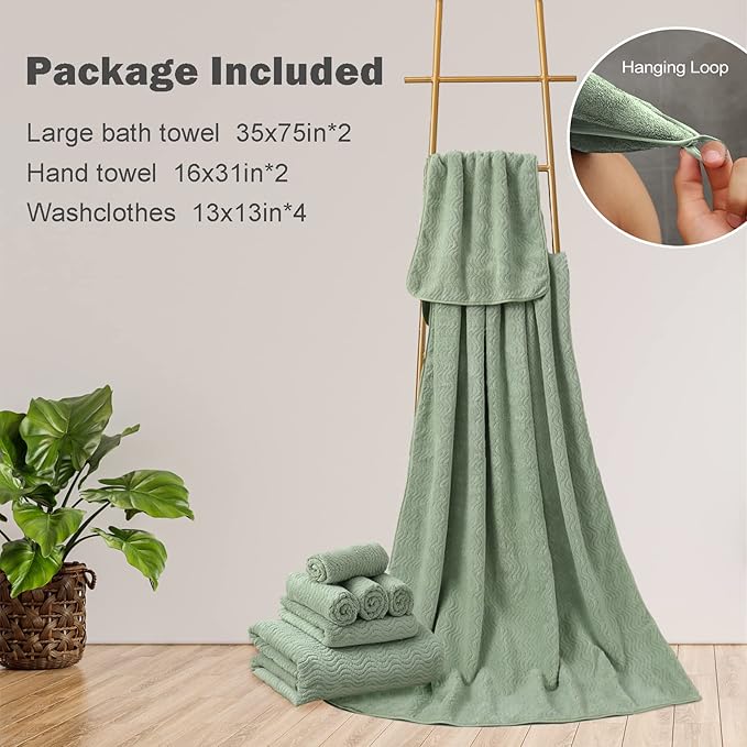 Green Bath Towels Set of 8, Quick Dry Bathroom Towel Textured,2 Oversized Bath Sheets/2 Hand Towels/4 Washcloths,Microfiber Shower Towels Large Ultra Soft Hotel Absorbent Towels For Bathroom Spa Gym