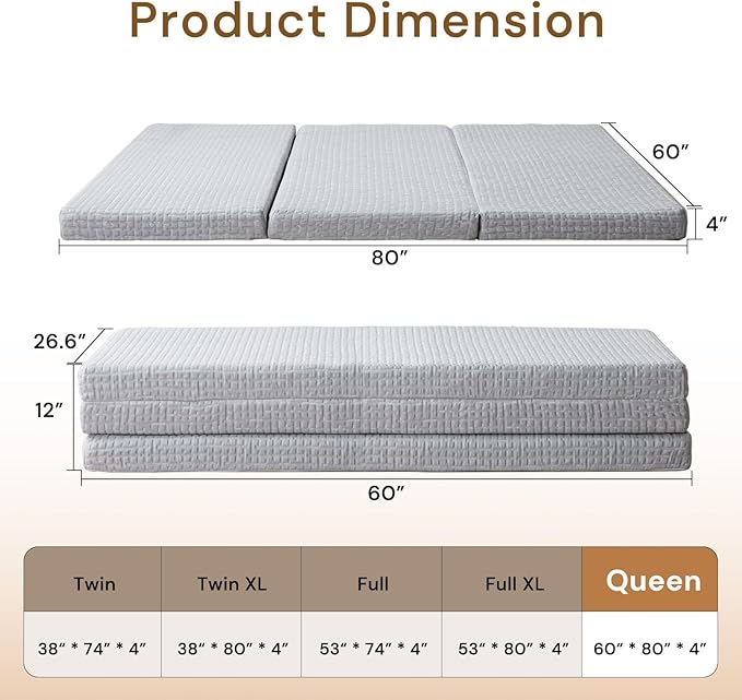 Foldable Mattress, 4 Inch Memory Foam Guest Floor Mat, Tri Folding Portable Mattress for Toddlers and Adults, Washable Cover, Non-Slip Design, Queen Grey (Size: 60" L x 80" W x 4" Th)