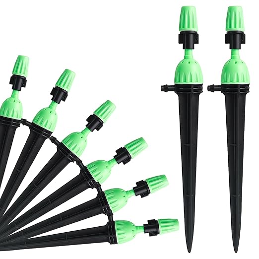 Drip Irrigation Emitters for 1/4" Irrigation Tubing, 25 Pack Integrated Drip Irrigation Stream Emitters & Adjustable Atomizing Nozzles with Stake Adjustable 360 Degree Water Flow Sprayer