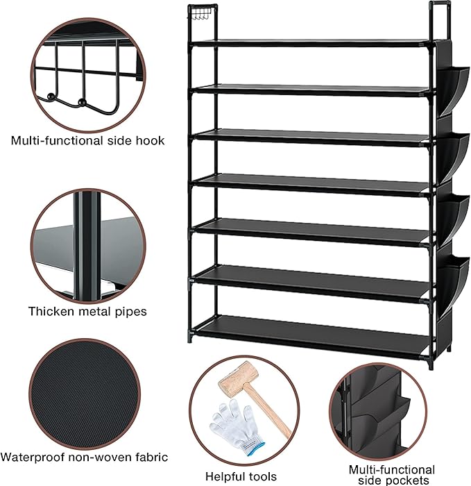 Large Capacity 7 Tier Shoe Rack, Black, 33.3in Wide x 11.2in Deep x 48.7in Tall, Holds 28-35 Pairs of Shoes, Ultra-Minimalist Style, Waterproof and Durable