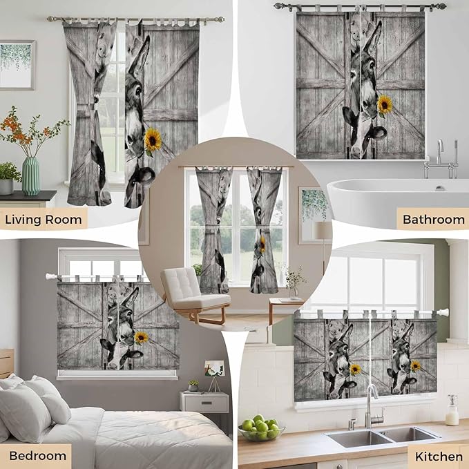 Funny Farm Animals Bathroom Curtains 63 Inch Length, Window Curtains Tab Top, Vintage Barn Grey Sunflowers Light Filtering Window Treatments Drapes 52"x63" 2 Panel