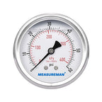 MEASUREMAN 2-1/2inch Dial Size, Liquid Filled Pressure Gauge, 0-60psi/400kpa, 304 Stainless Steel Case, 1/4inchNPT Back Mount