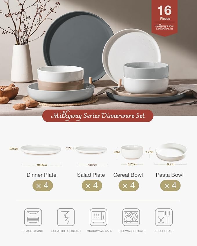 Famiware Milkyway Stoneware Dinnerware Sets with Pasta Bowls, Service for 4 (16 Pieces), Plates and Bowls Sets -Scratch Resistant, Microwave and Dishwasher Safe Dishes Set, Multi-color