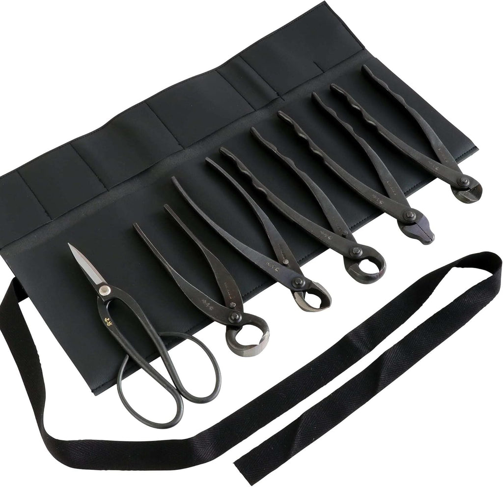 Wazakura Made in Japan 6PCS Bonsai Professional Tool Kit with Roll Bag: Yasugi Steel Ashinaga Scissor, Concave Branch Cutter, Knob Cutter, Jin Plier, Wire Cutter, Root Cutter. Bonsai Tool Set & Case
