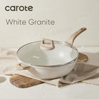 CAROTE 12.5Inch Nonstick Deep Frying Pan with Lid, 6.5 Qt Jumbo Cooker Saute Pan with Pour Spout, Skillet Induction Cookware, Non Stick Cooking Pan Kitchen Pan PFOA Free, White Granite