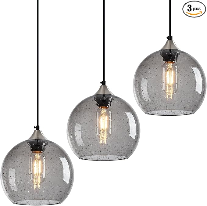 Light Grey Glass Pendant Lights Kitchen Island Lighting Globe Pendant Light Fixtures Modern Pendant Lighting for Bedroom Living Dining Room Light Fixture (7.87 in, 3 Pack)