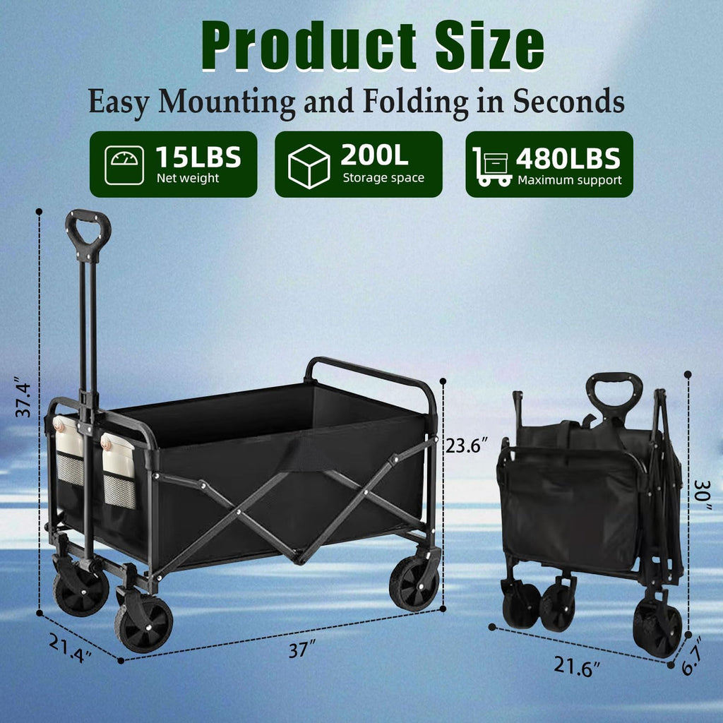 Collapsible Wagon Cart Foldable 37" L 480lbs Capacity, Heavy Duty Beach Wagon, Shopping Carts with Wheels for Grocery, Camping, Shopping, Beach, Fishing, Garden Cart