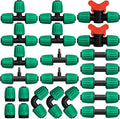 JAYEE 22 Pcs Drip Irrigation Fittings Kit for 1/2 In Tubing, Drip Line Parts for Sprinkler System - 5 Tees, 5 Couplings, 3 Elbows, 3 Barbed Lock T Connectors, 4 End Closure Plugs, 2 Switch Valves